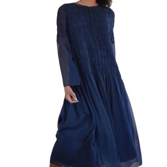 AYR Something Special Dress Navy Blue Silk Cotton Midi Smocked Drop Waist SZ S - Picture 4 of 7